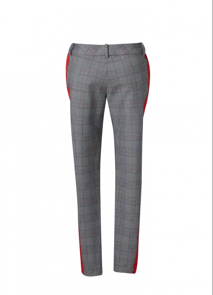 GREY CHECKED RED SIDE-STRIPE LOW-RISE SKINNY PANTS